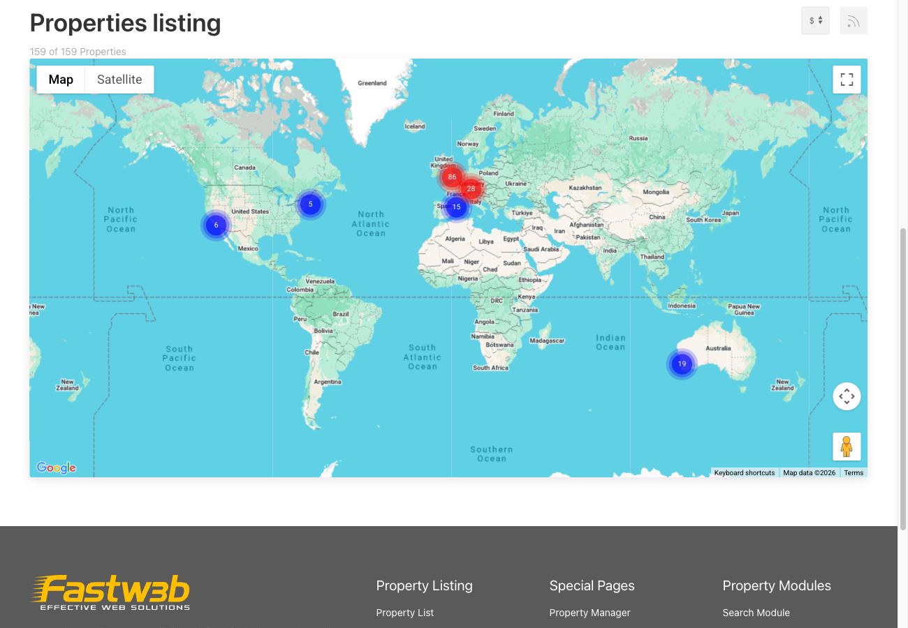 Listing page with map view showing property markers