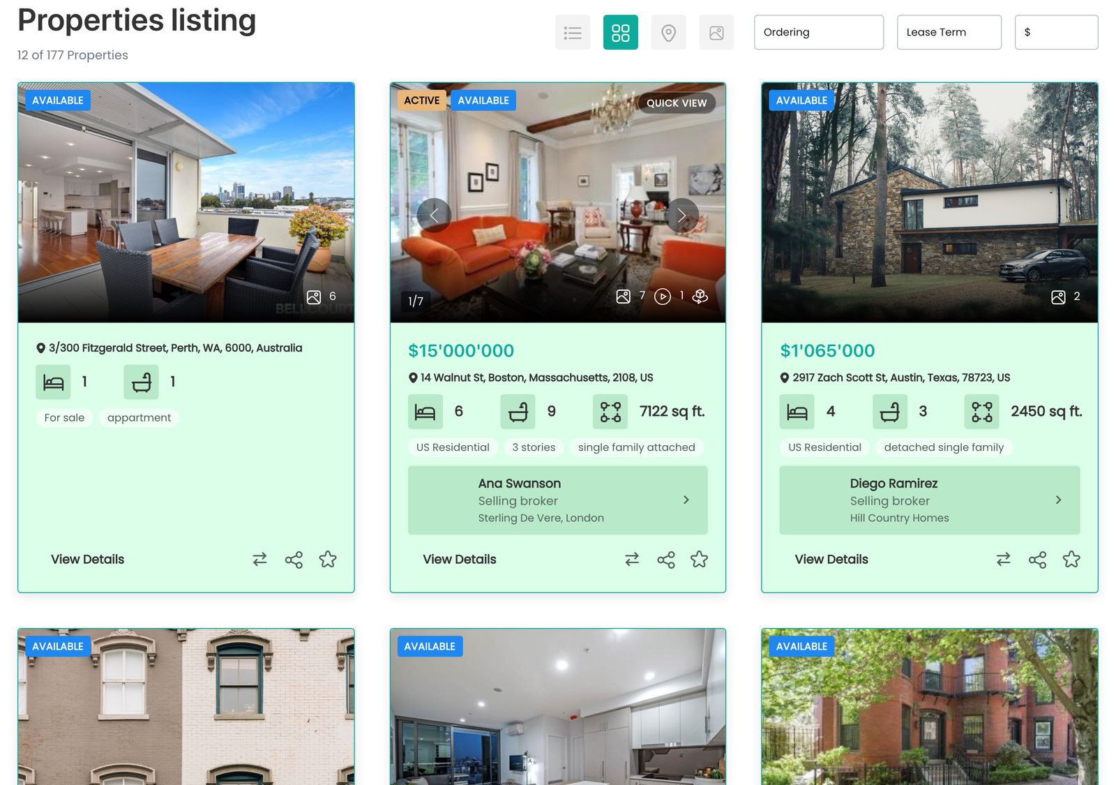 Property listing page with grid layout