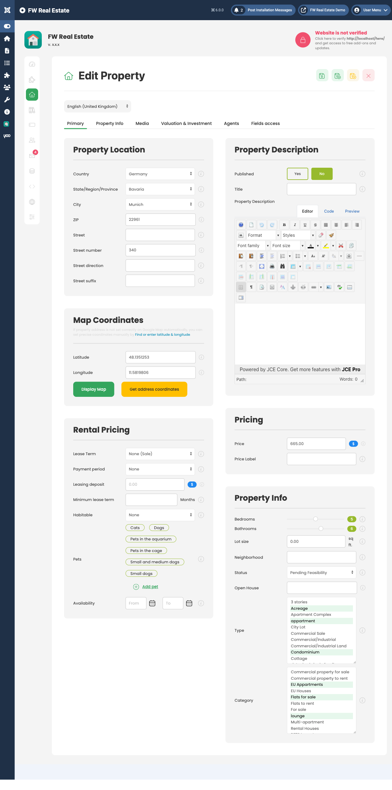 Property edit form showing standard fields