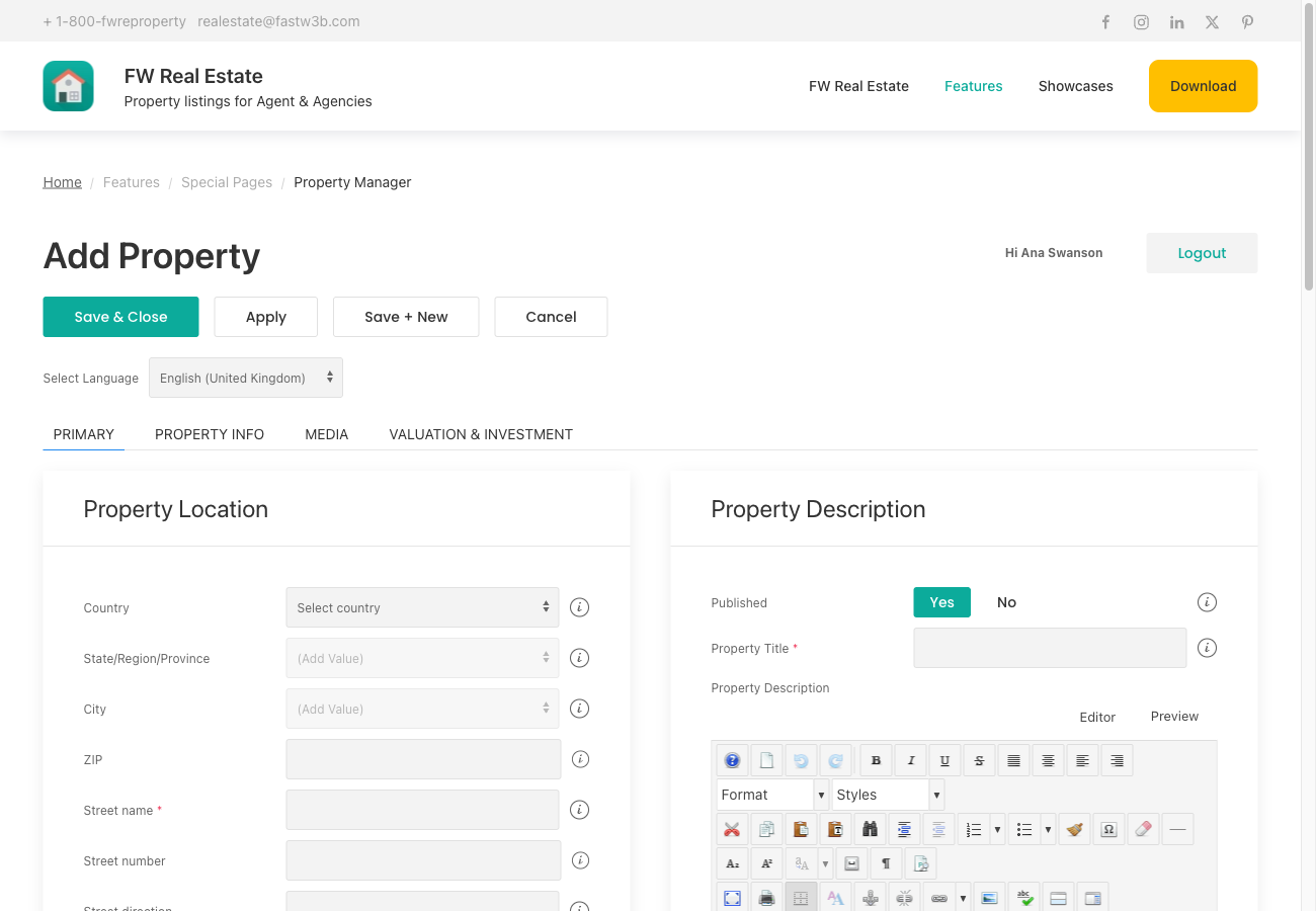 Add property form in the frontend User Section
