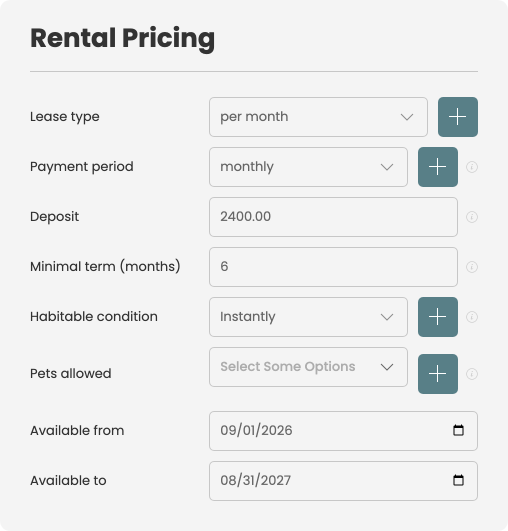 the Rental Pricing card on the property form