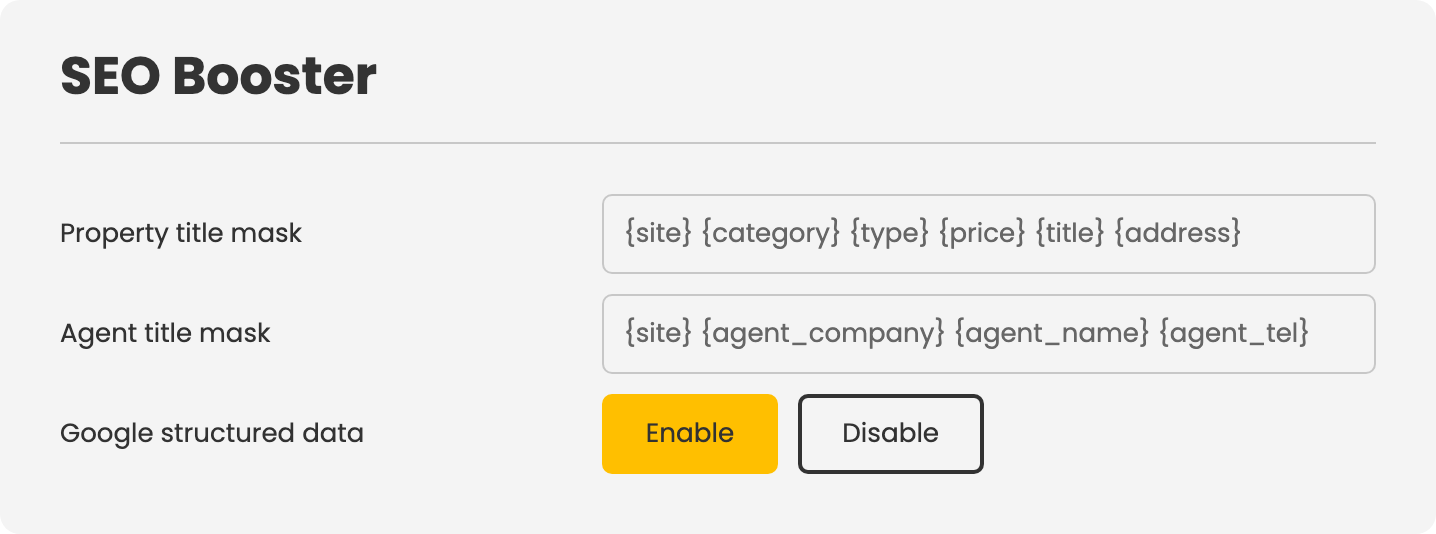The SEO Booster card in Configuration → Add-ons