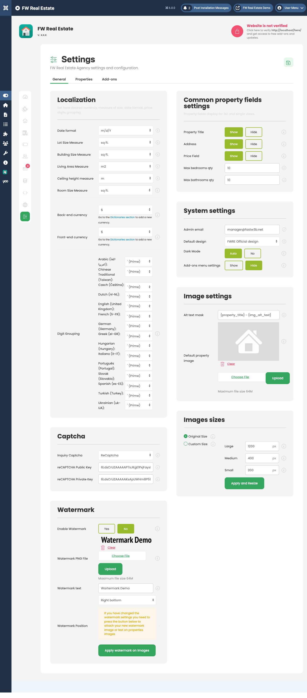 General tab showing Localization and Image Settings sections