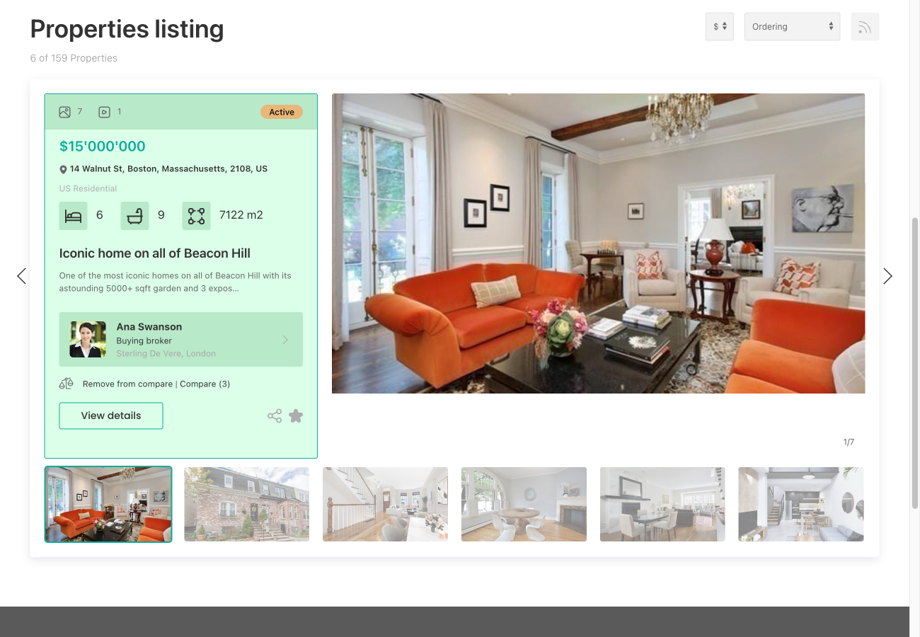 Property listing in slideshow layout