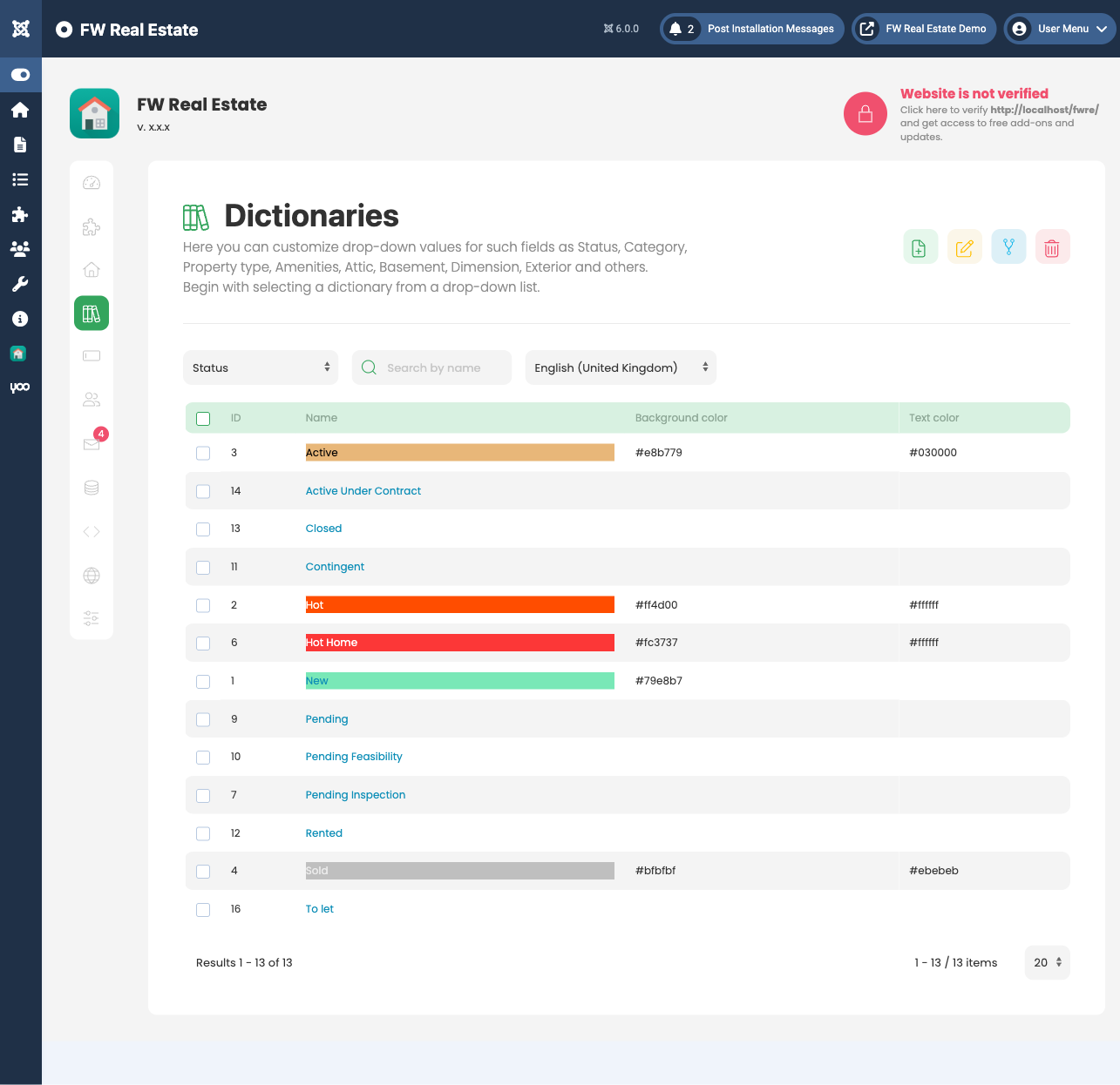 Status labels list in Dictionaries → Status