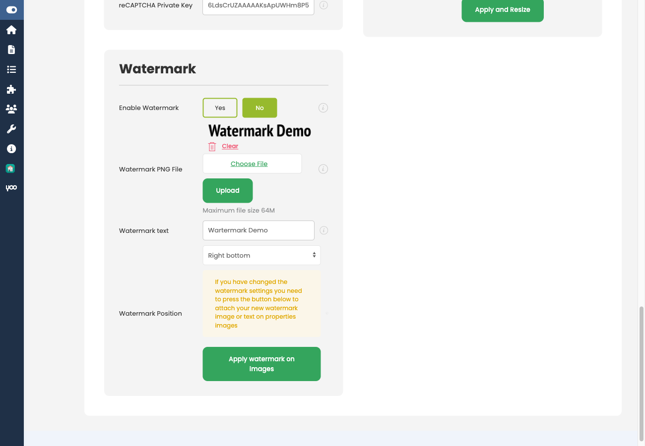 Watermark settings card in Settings → General tab
