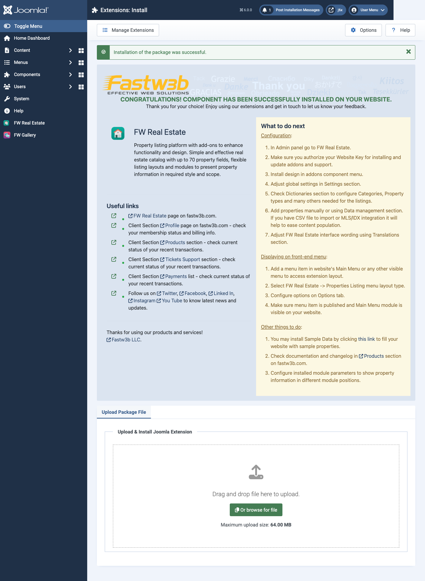 Joomla Extension Manager — Upload Package File tab