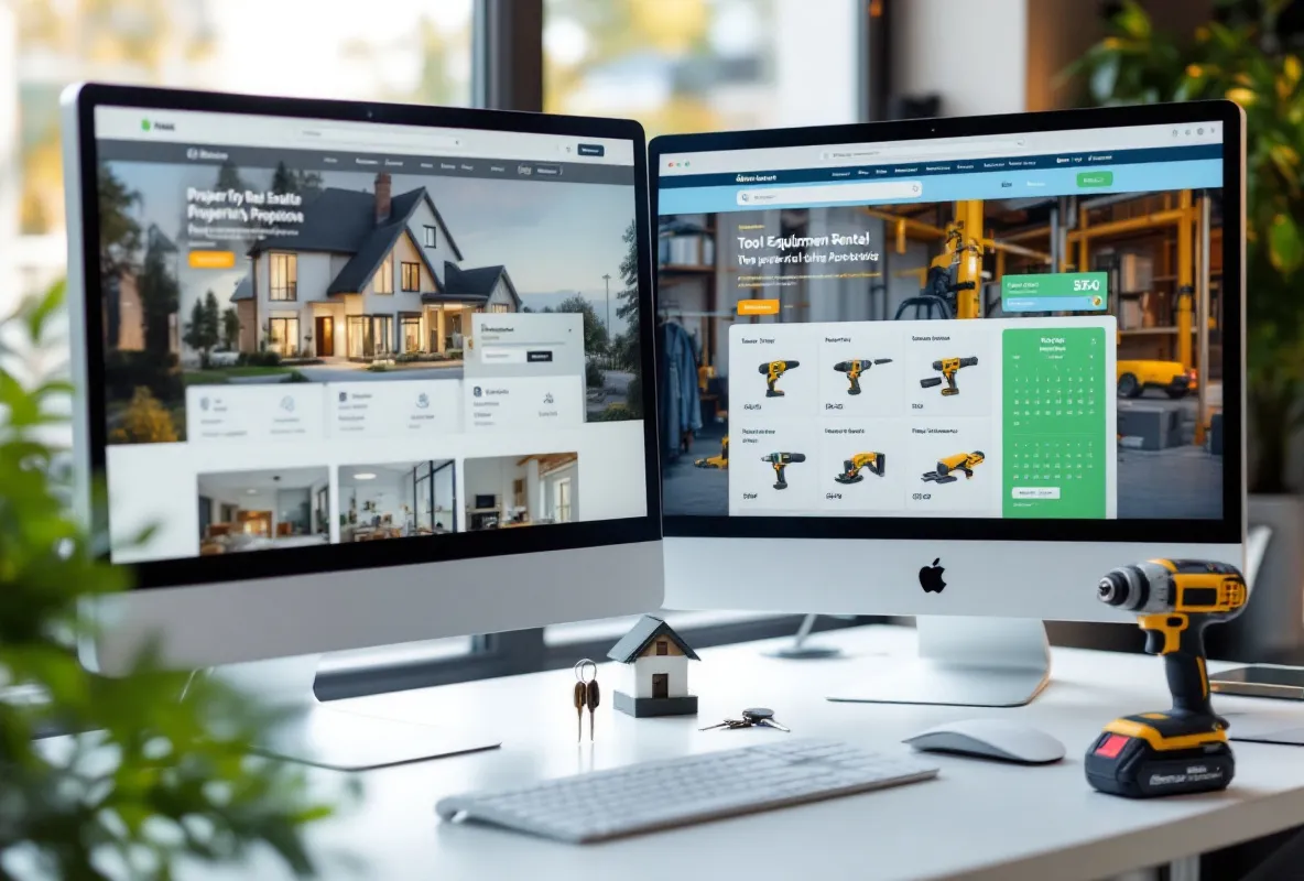 A property listing site and a tool rental site side by side, both live and loaded with real content