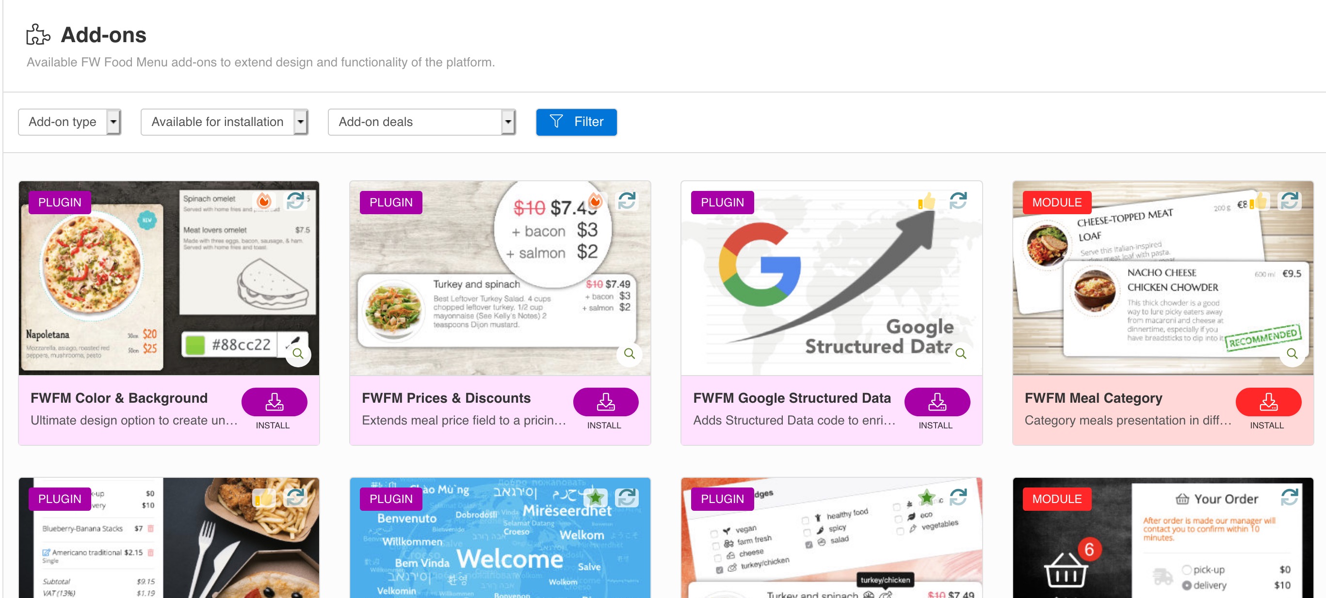 Available FW Food Menu add-ons to extend design and functionality of the platform.<div class="fw-doc-only"><strong>Located</strong> in <code>Admin Main Menu -> Components -> FW Food Menu -> Add-ons</code></div>