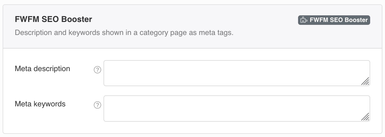 Description and keywords shown in a category page as meta tags.