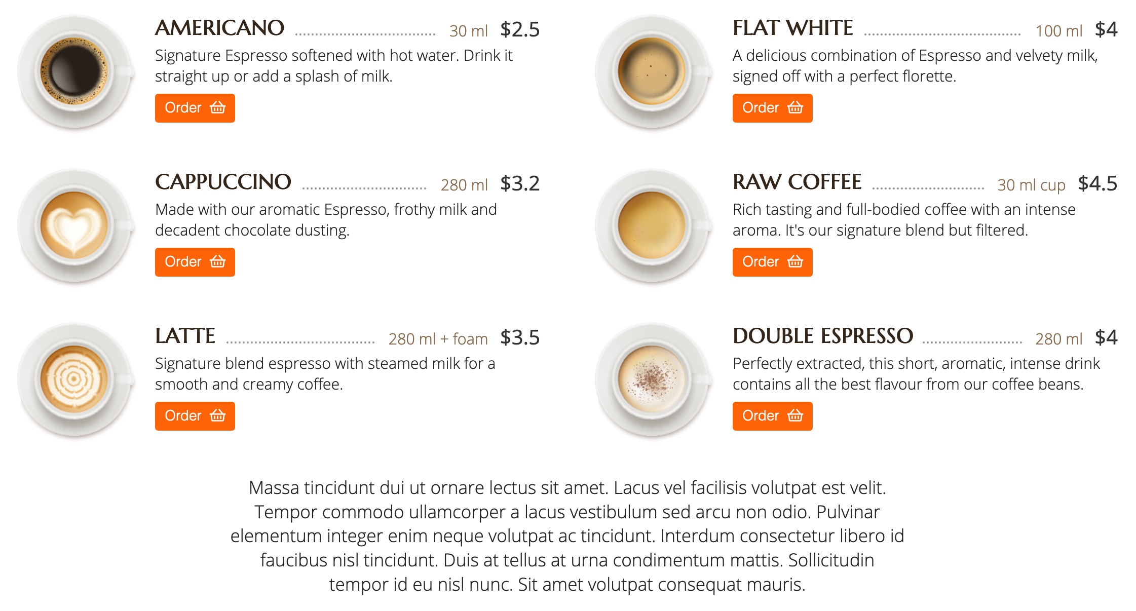 Clean and minimalistic coffee theme with dot leveled prices and coffee colors.