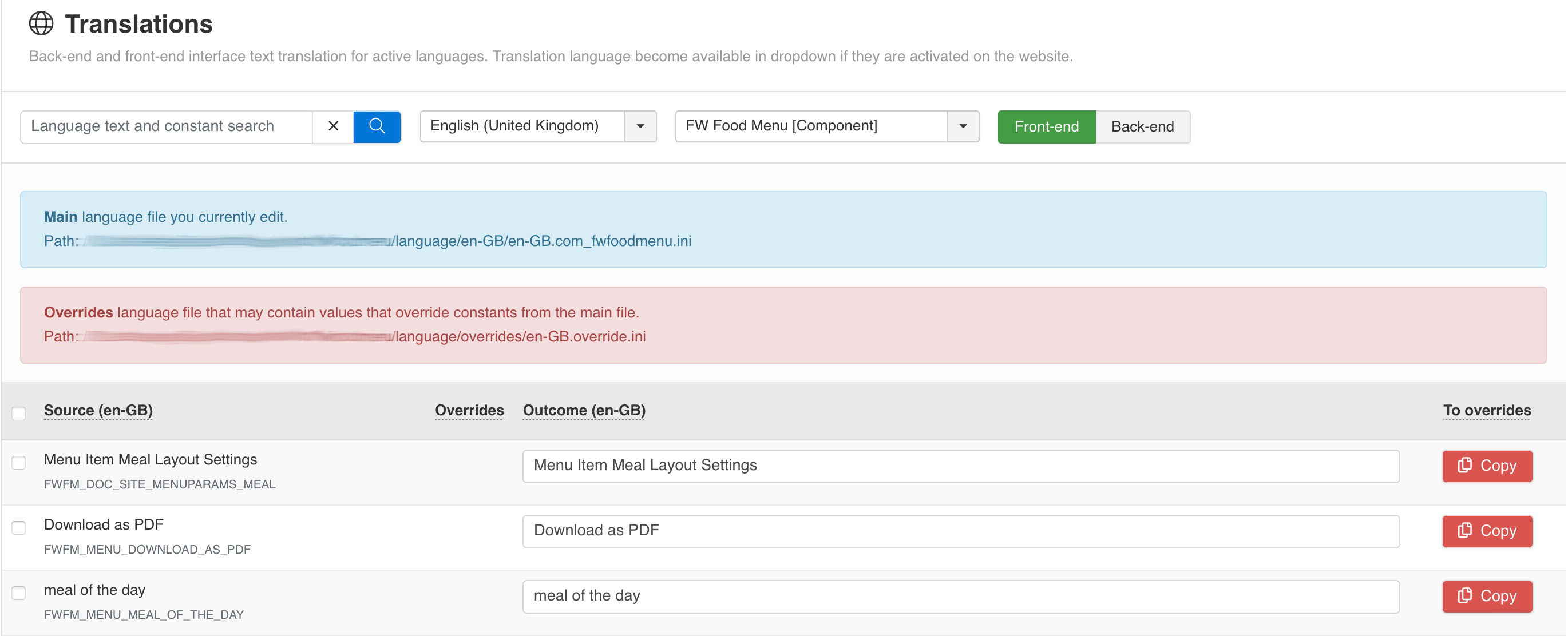 Back-end and front-end interface text translation for active languages. Translation language become available in dropdown if they are activated on a website.<div class="fw-doc-only"><strong>Located</strong> in <code>Admin Main Menu -> Components -> FW Food Menu -> Translations</code></div>