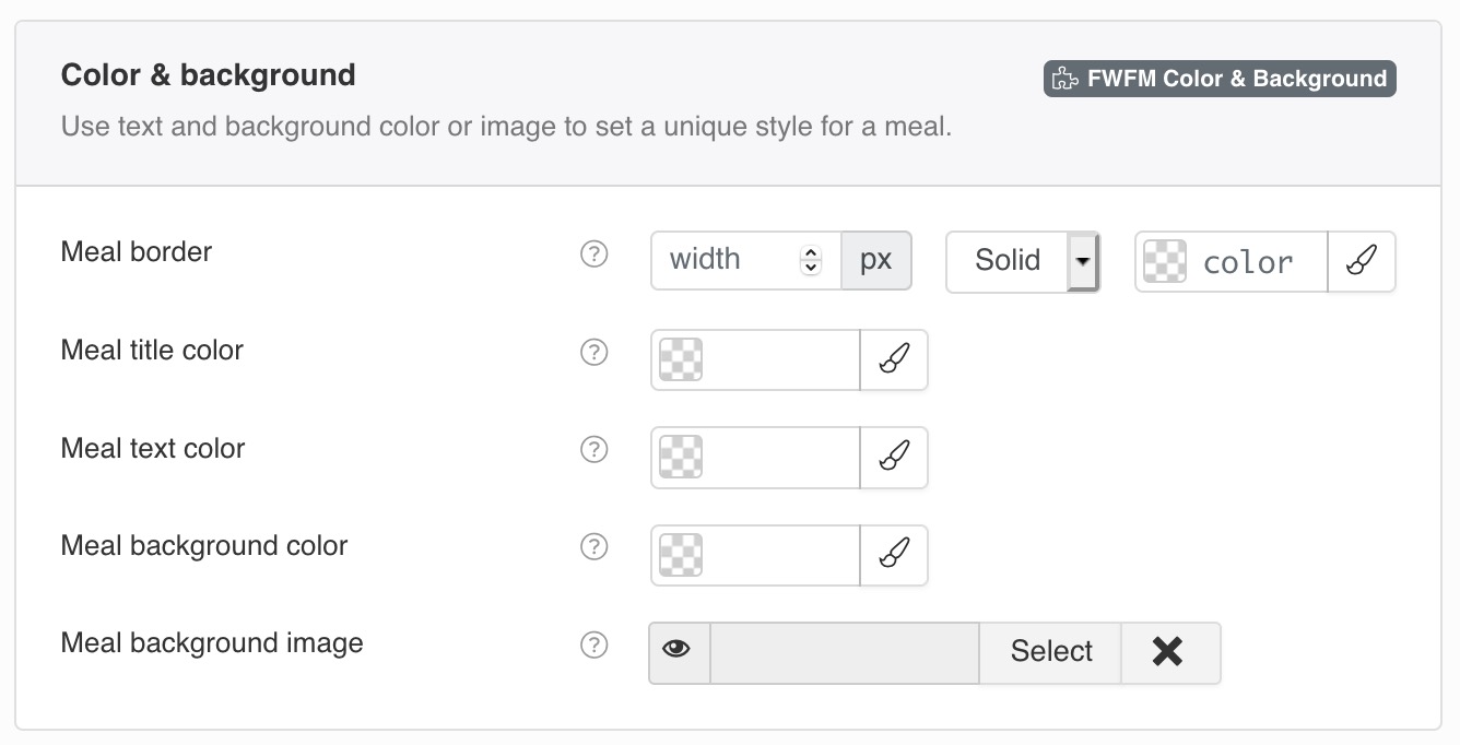 Use text and background color or image to set a unique style for a meal.