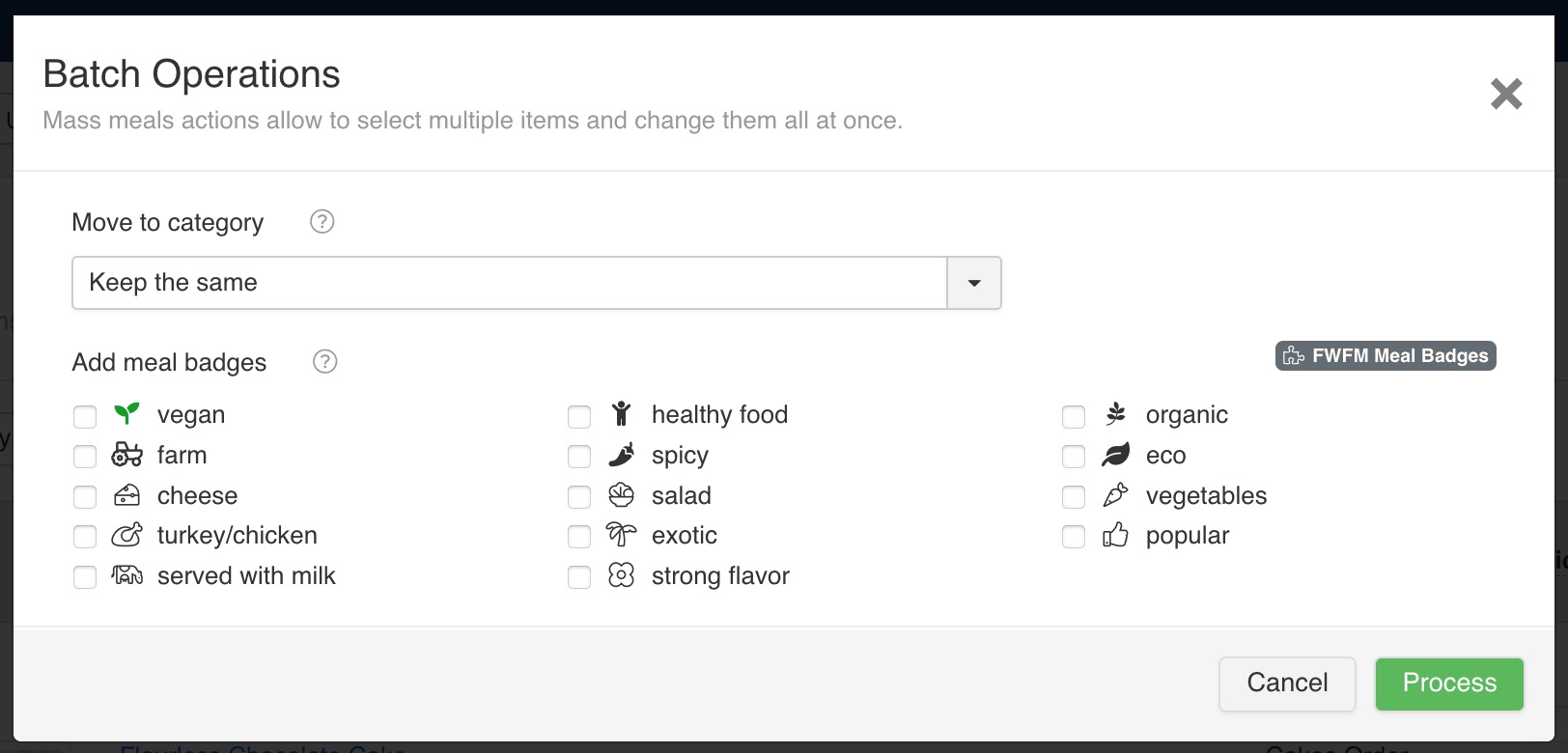 Mass meals actions allow to select multiple items and change them all at once.
