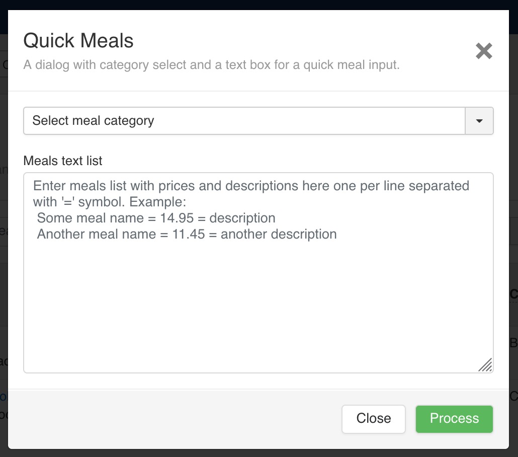 A dialog with category select and a text box for a quick meal input.