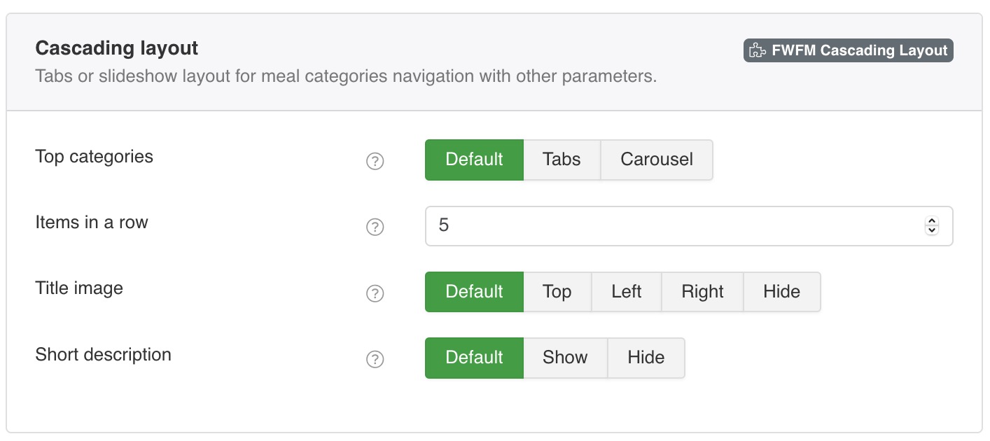 Tabs or slideshow layout for meal categories navigation with other parameters.