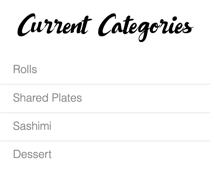 Shows a list of selected categories with links to menu pages. If a category is on the same page as a <code>Category list</code> it will not reload and will just scroll to a category clicked. If a module show categories located on a different page a link will take a customer to a page with a category and scroll to its title. There is a <code>Hide hidden titles</code> parameter that helps to keep <code>Category list</code> clean from non-visible categories.