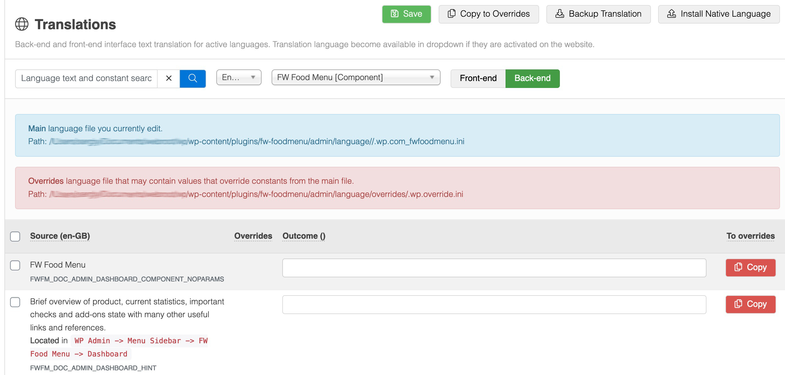 Back-end and front-end interface text translation for active languages. Translation language become available in dropdown if they are activated on the website.<div class="fw-doc-only"><strong>Located</strong> in <code>WP Admin -> Menu Sidebar -> FW Food Menu -> Translations</code></div>