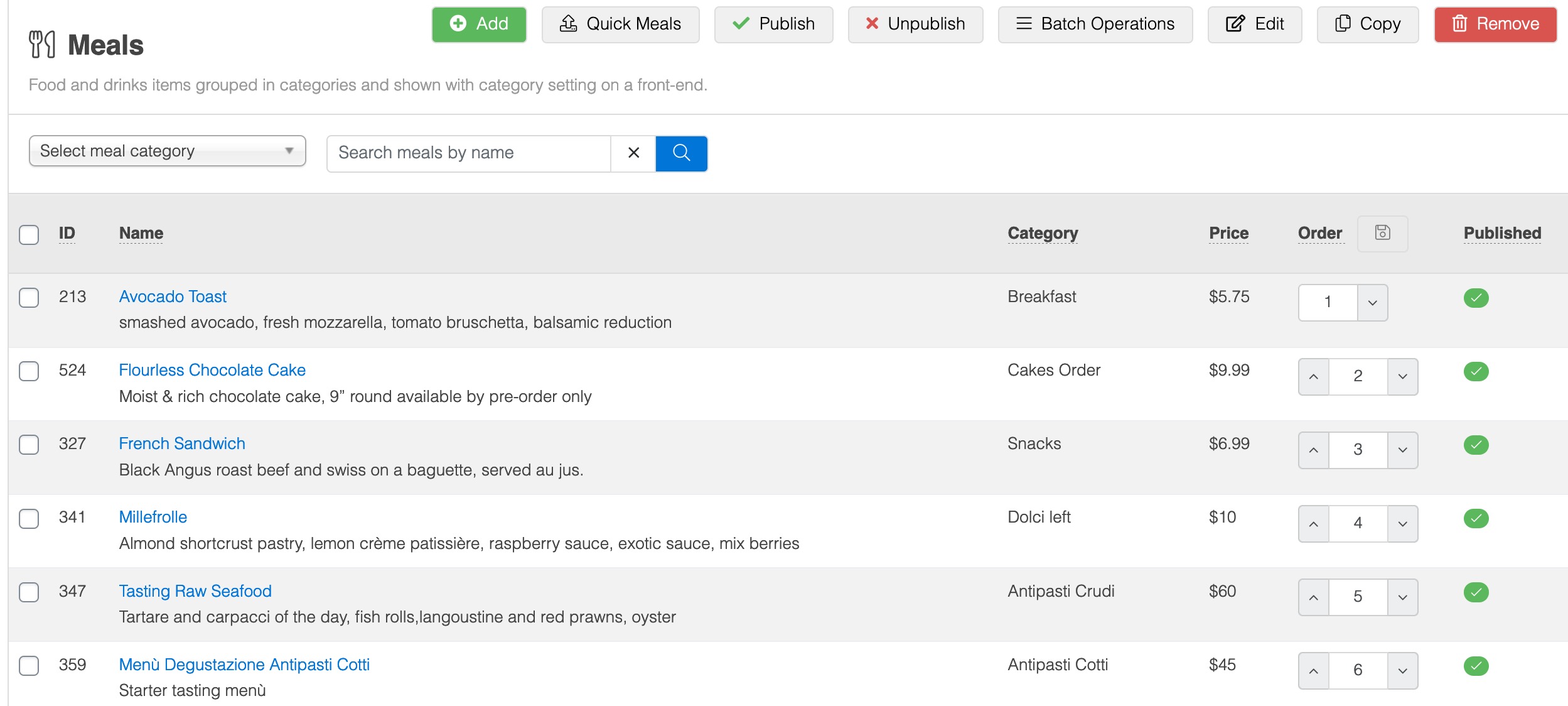 Food and drinks items grouped in categories and shown with category setting on a front-end.<div class="fw-doc-only"><strong>Located</strong> in <code>WP Admin -> Menu Sidebar -> FW Food Menu -> Meals</code></div>