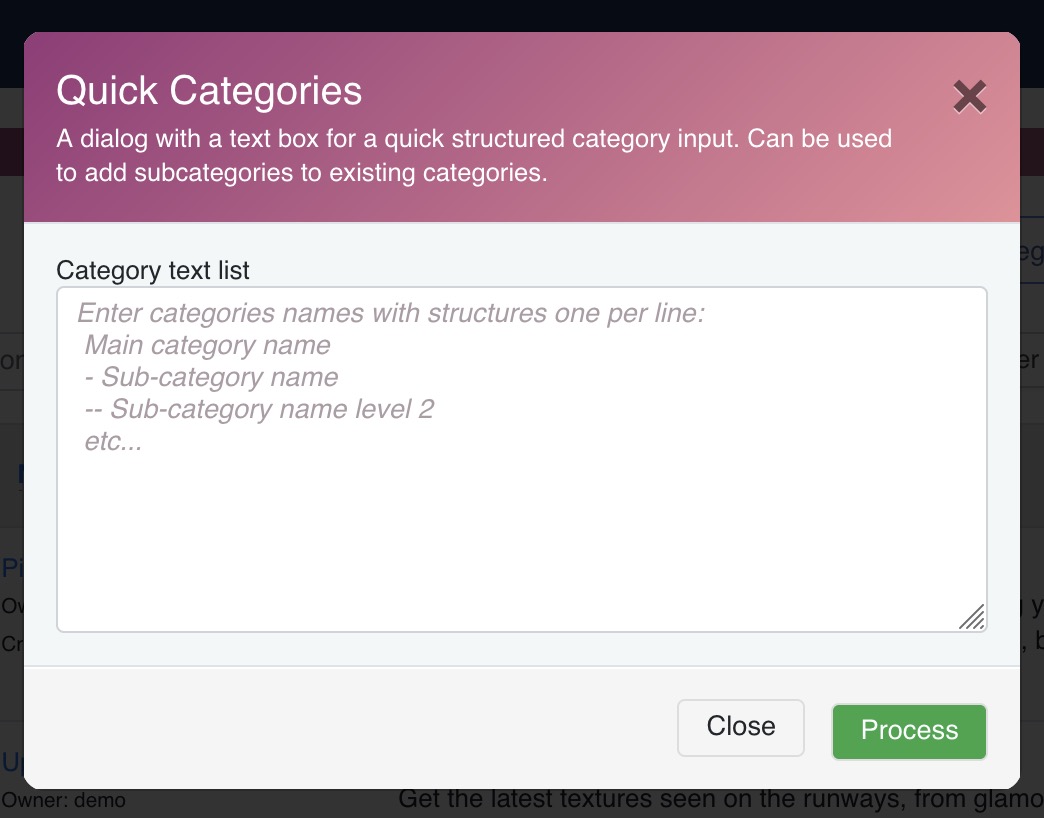A dialog with a text box for a quick structured category input. Can be used to add subcategories to existing categories.