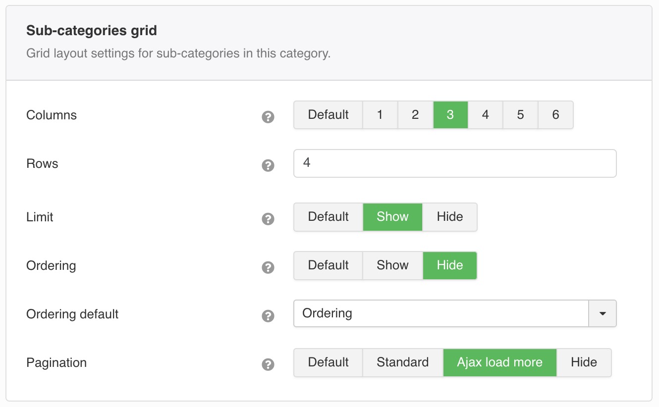 Grid layout settings for sub-categories in this category.