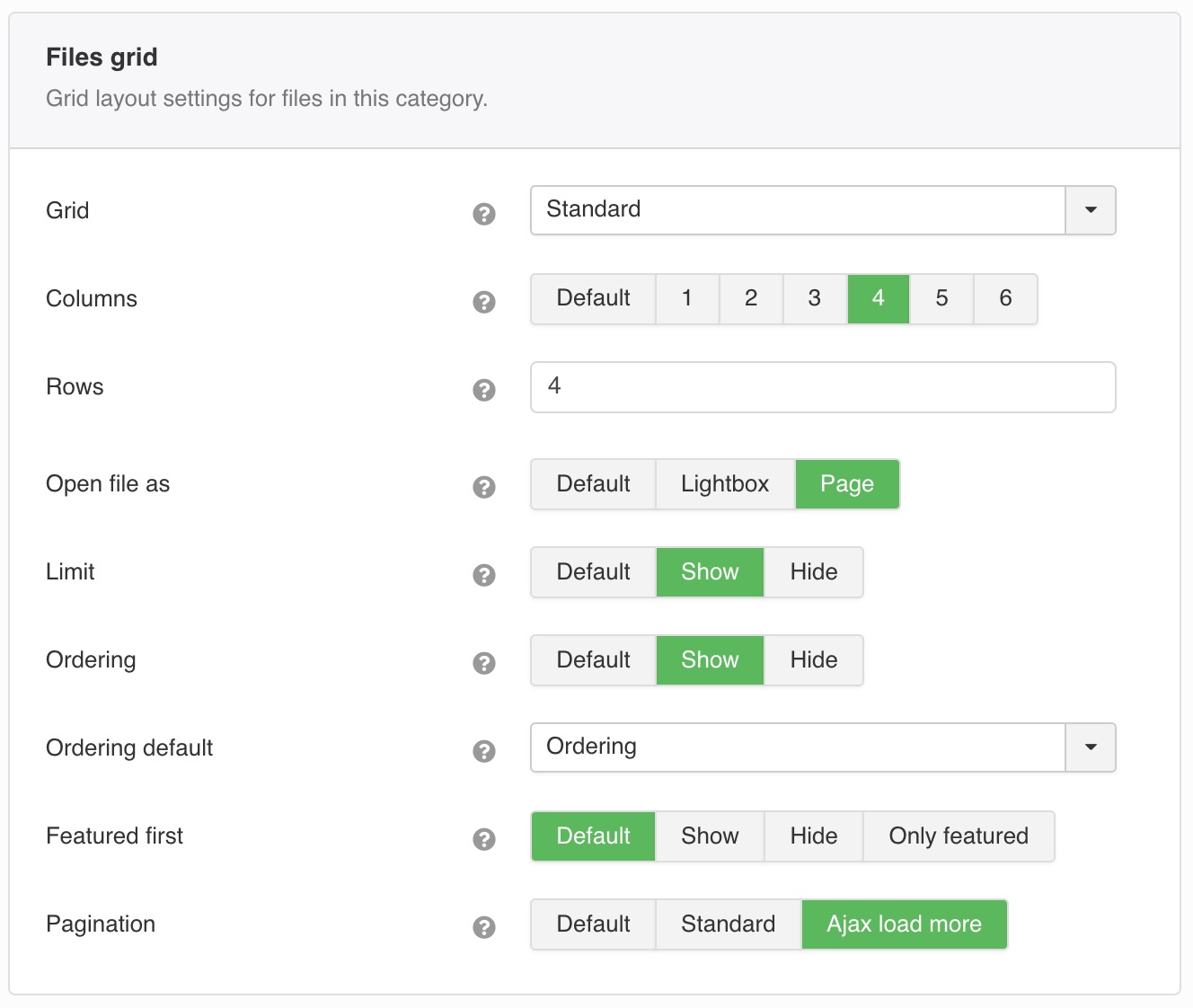 Grid layout settings for files in this category.