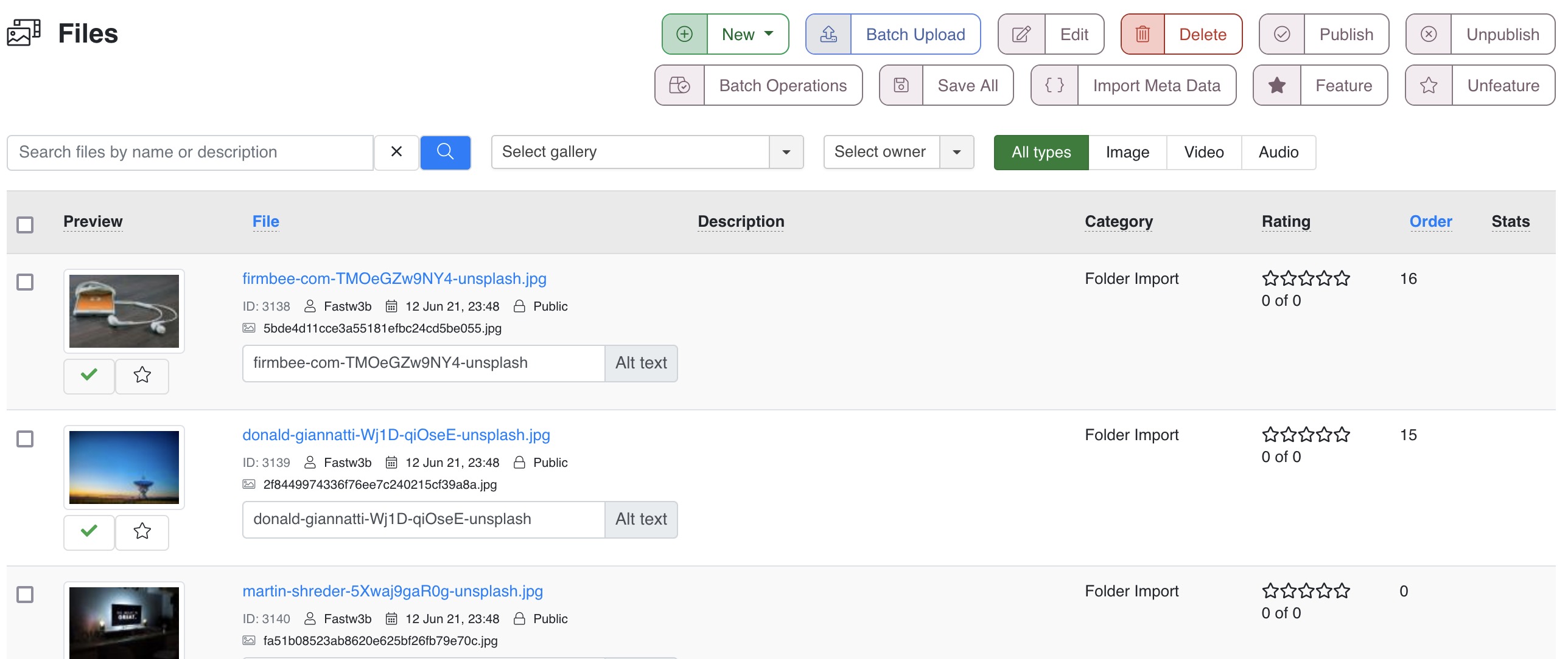 List of all files in all categories separated by file types with key parameters and status.