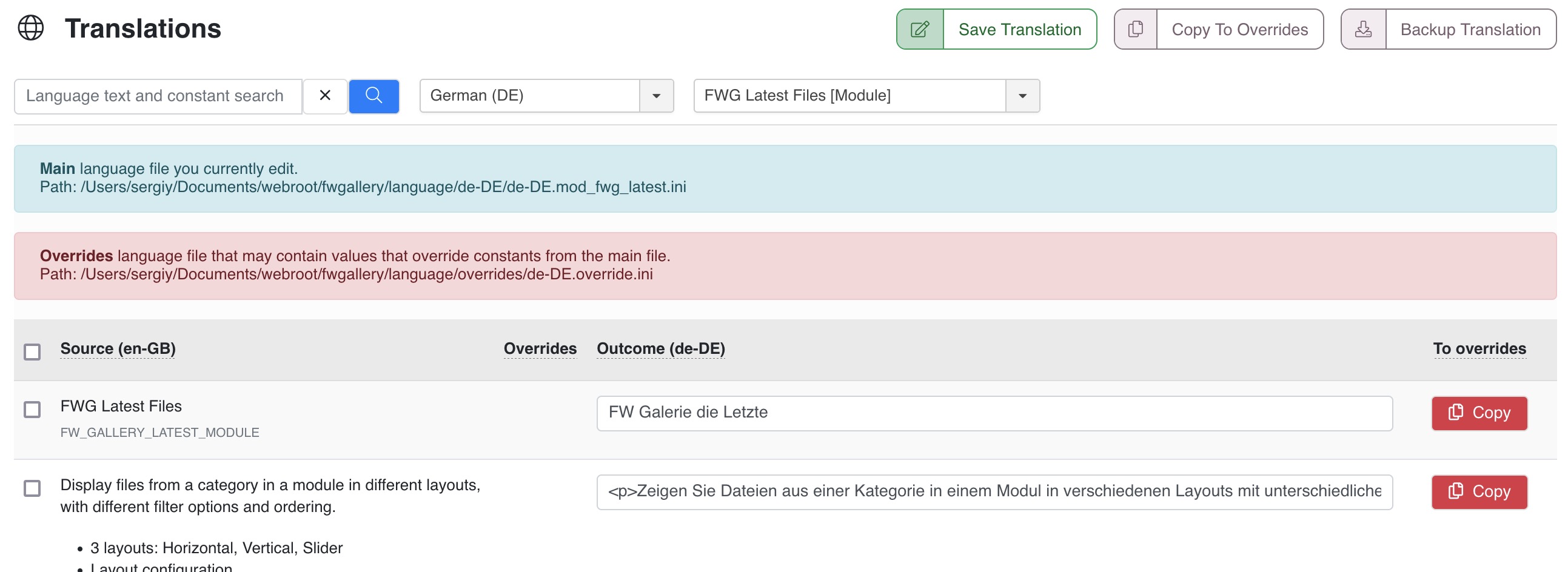 Back-end and front-end interface text translation for active languages. Translation language become available in dropdown if they are activated on the website.