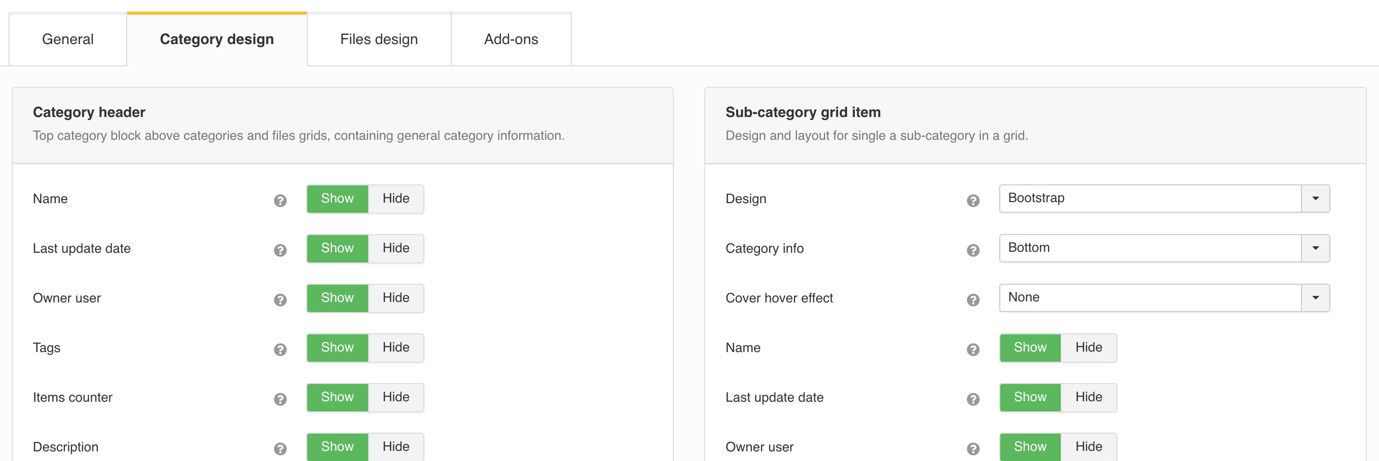 Category header, sub-categories grid and grid item paratemers.