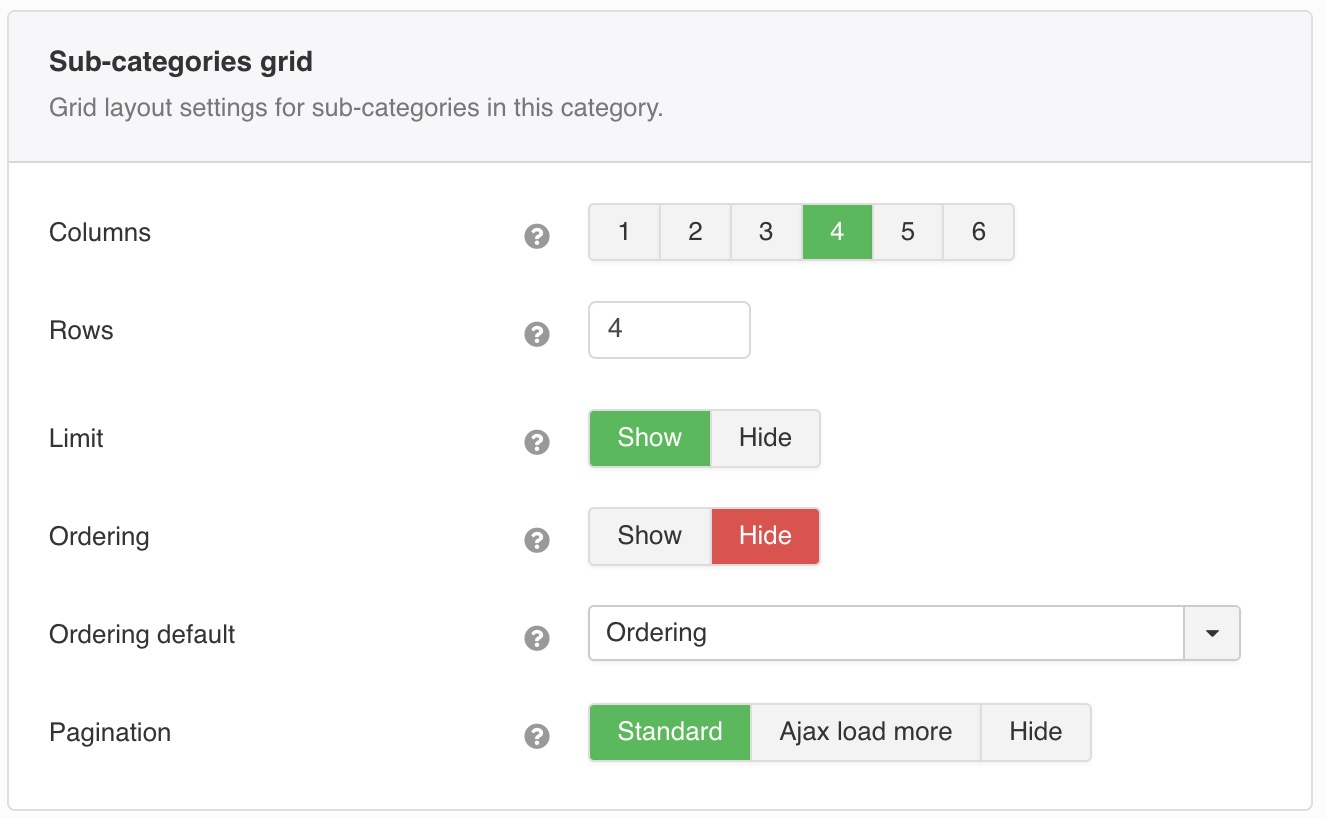 Grid layout settings for sub-categories in this category.