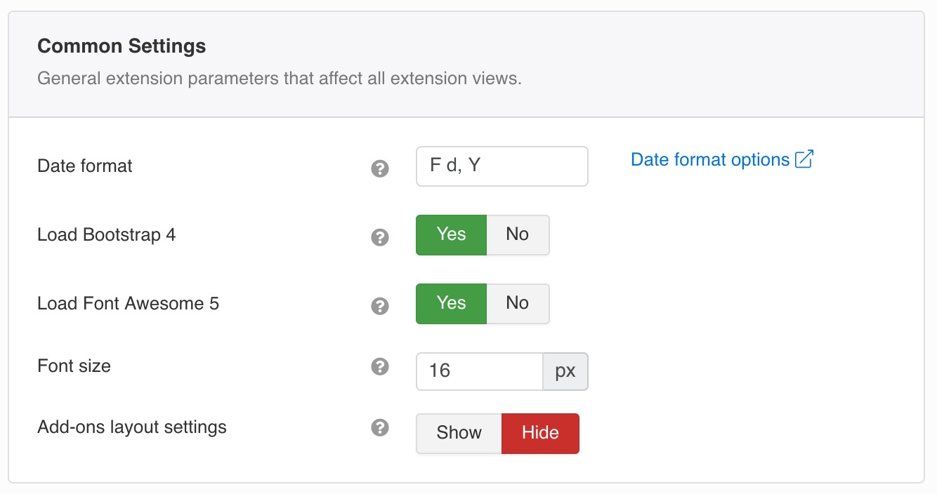 General extension parameters that affect all extension views.
